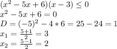 (x^2-5x+6)(x-3) \leq 0\\
x^2-5x+6=0\\
D=(-5)^2-4*6=25-24=1\\
x_1=\frac{5+1}{2}=3\\
x_2=\frac{5-1}{2}=2