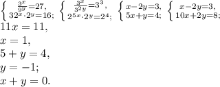 \left \{ {{\frac{ 3^{x} }{ 9^{y} }=27,} \atop {32^{x}\cdot 2^{y} }=16;} \right. \left \{ {{ \frac{ 3^{x} }{ 3^{2y} }=3^3,} \atop { 2^{5x}\cdot2^{y} }=2^4;} \right. \left \{ {{x-2y=3,} \atop { 5x+y=4;} \right. \left \{ {{x-2y=3,} \atop { 10x+2y=8;} \right. \\ 11x=11, \\ x= 1 , \\ 5+y=4, \\ y=-1; \\
x+y=0.