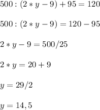 500:(2*y-9) + 95= 120 \\ 
 \\ 500:( 2*y-9) = 120 - 95 \\ 
 \\ 2*y-9= 500/25 \\ 
 \\ 2*y= 20+9 \\ 
 \\ y= 29/2 \\ 
 \\ y= 14,5 \\ 
 

