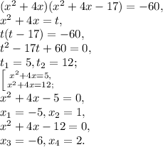(x^2 + 4x)(x^2+4x-17) = -60,\\ 
x^2 + 4x=t, \\
t(t-17)=-60, \\
t^2-17t+60=0, \\ 
t_1=5, t_2=12; \\ 
 \left [ {{x^2 + 4x=5,} \atop {x^2 + 4x=12;} \right. \\
x^2+4x-5=0, \\ 
x_1=-5, x_2=1, \\
x^2+4x-12=0, \\ 
x_3=-6, x_4=2.