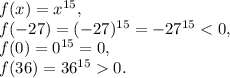 f(x)=x^{15}, \\ 
f(-27)=(-27)^{15}=-27^{15}0.