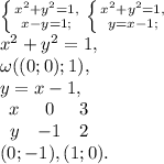 \left \{ {{x^2+y^2=1,} \atop {x-y=1;}} \right. \left \{ {{x^2+y^2=1,} \atop {y=x-1;}} \right. \\
x^2+y^2=1, \\
\omega ((0;0);1), \\ 
y=x-1, \\ 
\begin{array}{ccc}x&0&3\\y&-1&2\end{array} \\ 
(0;-1), (1;0).