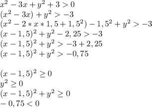 x^2-3x+y^2+30\\(x^2-3x)+y^2-3\\(x^2-2*x*1,5+1,5^2)-1,5^2+y^2-3\\
(x-1,5)^2+y^2-2,25-3\\(x-1,5)^2+y^2-3+2,25\\(x-1,5)^2+y^2-0,75\\\\(x-1,5)^2 \geq 0\\y^2 \geq 0\\(x-1,5)^2+y^2 \geq 0\\-0,75