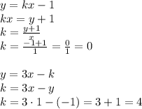 y=kx-1
\\\
kx=y+1
\\\
k= \frac{y+1}{x} 
\\\
k= \frac{-1+1}{1} = \frac{0}{1} =0
\\\\
y=3x-k
\\\
k=3x-y
\\\
k=3\cdot1-(-1)=3+1=4