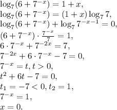 \log _{7}(6+ 7^{-x})=1+x, \\ 
\log _{7}(6+ 7^{-x})=(1+x)\log _{7}7, \\ \log _{7}(6+ 7^{-x})+\log _{7}7^{-x-1}=0, \\ (6+ 7^{-x})\cdot \frac{7^{-x}}{7} = 1, \\ 6\cdot7^{-x}+7^{-2x}=7, \\ 7^{-2x}+6\cdot7^{-x}-7=0, \\ 7^{-x}=t, t0, \\ 
t^2+6t-7=0, \\ 
t_1=-7