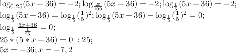 \log_{0,25}(5x+36)=-2; \log_{ \frac{25}{100} }(5x+36)=-2; \log_{ \frac{1}{5} }(5x+36)=-2; \\
\log_{ \frac{1}{5} }(5x+36)=\log_{ \frac{1}{5}} (\frac{1}{5})^2; \log_{ \frac{1}{5} }(5x+36)-\log_{ \frac{1}{5}} (\frac{1}{5})^2=0; \\ 
\log_{ \frac{1}{5}}\frac{5x+36}{ \frac{1}{25}}=0; \\ 25*(5*x+36) = 0 |:25; \\ 5x=-36; x=-7,2