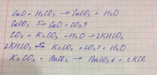 Cao-> caco3-> co2-> khco3-> k2co3-> baco3