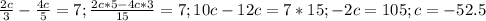 \frac{2c}{3}- \frac{4c}{5}=7; 
 \frac{2c*5-4c*3}{15}=7;
10c-12c=7*15;
-2c=105;
c=-52.5