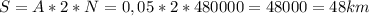 S=A*2*N = 0,05*2*480000=48000 = 48 km

