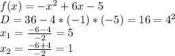 f(x)=-x^{2}+6x-5 \\
D=36-4*(-1)*(-5)=16=4^{2} \\
x_{1}= \frac{-6-4}{-2}=5 \\
x_{2}= \frac{-6+4}{-2}=1 \\