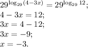 29^{\log_{29}\left(4-3x\right)}=29^{\log_{29}12};\\
4-3x=12;\\
3x=4-12;\\
3x=-9;\\
x=-3.