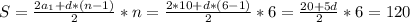 S= \frac{2 a_{1} +d*(n-1)}{2}*n= \frac{2*10+d*(6-1)}{2} *6 = \frac{20+5d}{2} *6 = 120
