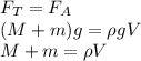 F_T=F_A
\\\
(M+m)g=\rho gV
\\\
M+m=\rho V