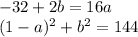 -32+2b=16a\\ 
 (1-a)^2+b^2=144