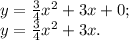 y= \frac{3}{4}x^2+3x+0;\\
y=\frac{3}{4}x^2+3x.