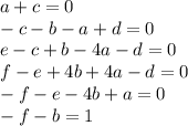a+c=0\\
 -c-b-a+d=0\\
 e-c+b-4a-d=0 \\
 f-e+4b+4a-d=0\\ 
 -f-e-4b+a=0\\ 
 -f-b=1\\
 
 
