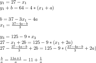 y_{1}=27-x_{1}\\ 
y_{1}+b=64-4*(x_{1}+a)\\\\
b=37-3x_{1}-4a\\
x_{1}=\frac{37-4a-b}{3}\\\\ 
y_{3}=125-9*x_{3}\\
27-x_{1}+2b=125-9*(x_{1}+2a) \\
27-\frac{37-4a-b}{3}+2b=125-9*(\frac{ 37-4a-b}{3}+2a)\\\\
 \frac{b}{a}=\frac{11a+1}{a}=11+\frac{1}{a}
