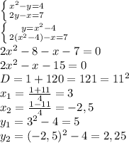 \left \{ {{ x^{2} -y=4} \atop {2y-x=7}} \right. \\ 
 \left \{ {{y= x^{2} -4} \atop {2( x^{2} -4)-x=7}} \right. \\ 
2 x^{2} -8-x-7=0 \\ 
2 x^{2} -x-15=0 \\ 
D=1+120=121=11^{2} \\ 
 x_{1} = \frac{1+11}{4} =3 \\ 
 x_{2} = \frac{1-11}{4} =-2,5 \\ 
 y_{1} = 3^{2} -4=5 \\ 
 y_{2} = (-2,5)^{2} -4=2,25
