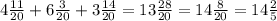 4 \frac{11}{20}+6 \frac{3}{20}+3 \frac{14}{20}=13 \frac{28}{20}=14 
\frac{8}{20}=14 \frac{2}{5}