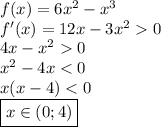 f(x) = 6x^2 - x^3
\\
f'(x) = 12x - 3x^20
\\
4x - x^20
\\
x^2-4x