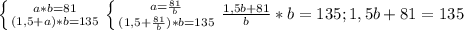 \left \{ {{a*b=81} \atop {(1,5+a)*b=135}} \right. 
 \left \{ {{a= \frac{81}{b} } \atop {(1,5+ \frac{81}{b}) *b=135}} \right. 
 \frac{1,5b+81}{b}*b=135;
1,5b+81=135
