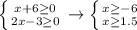 \left \{ {{x+6 \geq 0} \atop {2x-3 \geq 0}} \right. \to \left \{ {{x \geq -6} \atop {x \geq 1.5}} \right.