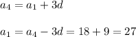a_4=a_1+3d\\\\a_1=a_4-3d=18+9=27
