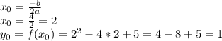 x_{0} = \frac{- b}{2a} \\ 
x_{0} = \frac{4}{2} =2 \\ 
y_{0} = f(x_{0})= 2^{2} - 4*2 +5= 4-8+5=1 \\ 
