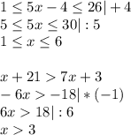 1 \leq 5x-4 \leq 26 |+4 \\ 
5 \leq 5x \leq 30 |:5 \\ 
1 \leq x \leq 6 \\ \\ 
x+217x+3 \\ 
-6x-18|*(-1) \\ 
6x18|:6 \\ 
x3
