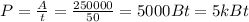 P= \frac{A}{t} = \frac{250000}{50} = 5000Bt=5kBt