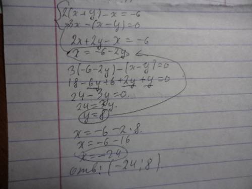 Решите систему уравнений подстановки: {2(x+y)-x=-6 {3x-(x-y)=0