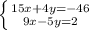 \left \{ {{15x+4y=-46
} \atop {9x-5y=2}} \right.