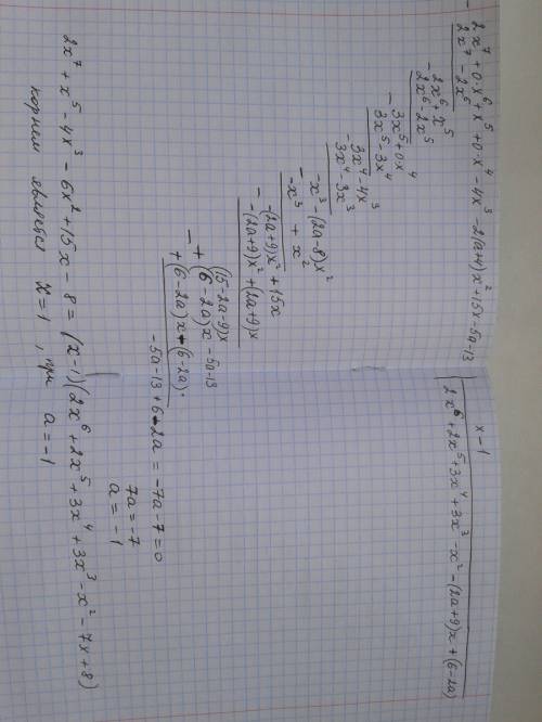 Найдите все целые значения параметра a, при которых уравнение 2x^7 + x^5 -4x^3 -2(a+4)x^2 +15x-5a-13