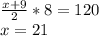 \frac{x+9}{2}*8=120\\
 x=21