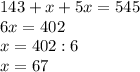 143+x+5x=545 \\ 
6x=402 \\ 
x=402:6 \\ 
x=67
