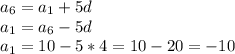 a_6 = a_1 + 5d \\ 
a_1 = a_6 - 5d \\ 
a_1 = 10 - 5*4 = 10 - 20 = -10 \\