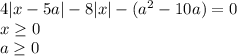 4|x-5a|-8|x|-(a^2-10a)=0\\
x \geq 0\\
a \geq 0\\\\
 
