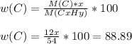 w(C)= \frac{M(C)*x}{M(CxHy)}*100 \\ \\ 
w(C)= \frac{12x}{54}*100=88.89
