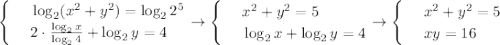 \begin{cases}
 & \text{ } \log_2(x^2+y^2)=\log_22^5 \\ 
 & \text{ } 2\cdot \frac{\log_2x}{\log_24}+\log_2y=4 
\end{cases}\to \begin{cases}
 & \text{ } x^2+y^2=5 \\ 
 & \text{ } \log_2x+\log_2y=4 
\end{cases}\to\begin{cases}
 & \text{ } x^2+y^2=5 \\ 
 & \text{ } xy=16\end{cases}


