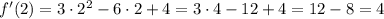 f'(2)=3 \cdot 2^2-6 \cdot 2+4=3 \cdot 4 -12+4=12-8=4