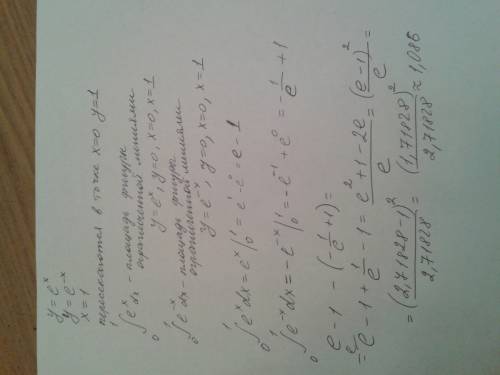 Вычислить площадь фигуры, ограниченной линиями y=e^x, y=e^-x, x=1