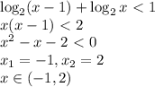 \log_{2}(x-1)+\log_2{x} \ \textless \ 1 \\
x(x-1)\ \textless \ 2 \\
x^2-x-2 \ \textless \ 0 \\
x_1=-1, x_2=2 \\
x \in (-1, 2)