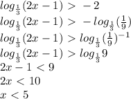 log_{ \frac{1}{3} } (2x-1 ) \ \textgreater \ -2 \\ 
log_{ \frac{1}{3} } (2x-1 ) \ \textgreater \ - log_{ \frac{1}{3} } ( \frac{1}{9} ) \\ 
log_{ \frac{1}{3} } (2x-1 ) \ \textgreater \ log_{ \frac{1}{3} } ( \frac{1}{9} ) ^{-1} \\ 
log_{ \frac{1}{3} } (2x-1 ) \ \textgreater \ log_{ \frac{1}{3} }9 \\ 
2x-1 \ \textless \ 9 \\ 
2x \ \textless \ 10 \\ 
x \ \textless \ 5 \\