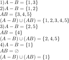 1) A-B=\{1, 3\}\\
2) A-B=\{1, 2\} \\
AB=\{3, 4, 5\} \\
(A-B)\cup(AB)=\{1, 2, 3, 4, 5\}\\
3) A-B=\{2, 5\} \\
AB=\{4\} \\
(A-B)\cup(AB)=\{2, 4, 5\} \\
4)A-B=\{1\}\\
AB=\oslash \\
(A-B)\cup(AB)=\{1\}