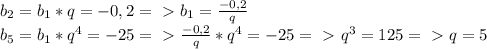 b_{2}=b_1*q =-0,2 =\ \textgreater \ b_1= \frac{-0,2}{q} \\ 
b_5=b_1*q^4=-25 =\ \textgreater \ \frac{-0,2}{q}*q^4=-25 =\ \textgreater \ q^3=125 =\ \textgreater \ q=5