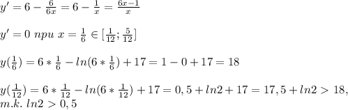 y'=6- \frac{6}{6x} =6- \frac{1}{x} = \frac{6x-1}{x} \\ \\ y'=0\ npu\ x= \frac{1}{6} \in [ \frac{1}{12}; \frac{5}{12} ] \\ \\ y(\frac{1}{6} )=6*\frac{1}{6} -ln(6*\frac{1}{6} )+17=1-0+17=18 \\ \\ 
y(\frac{1}{12} )=6*\frac{1}{12} -ln(6*\frac{1}{12} )+17=0,5+ln2+17=17,5+ln2\ \textgreater \ 18,\\ m.k.\ ln2\ \textgreater \ 0,5 \\ \\