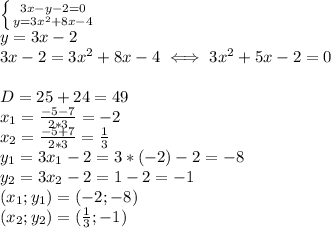 \left \{ {{3x-y-2=0} \atop {y=3x^2+8x -4}} \right. \\ 
y=3x-2 \\ 
3x-2=3x^2+8x-4 \iff 3x^2+5x-2=0 \\ \\ 
D=25+24=49 \\ x_1= \frac{-5-7}{2*3}=-2 \\ 
x_2= \frac{-5+7}{2*3}= \frac{1}{3} \\ 
y_1=3x_1-2=3*(-2)-2=-8 \\ 
y_2=3x_2-2=1-2=-1 \\ 
(x_1;y_1)=(-2;-8) \\ (x_2;y_2)=( \frac{1}{3};-1) \\