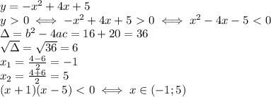 y=-x^2+4x+5 \\ 
y\ \textgreater \ 0 \iff -x^2+4x+5\ \textgreater \ 0 \iff x^2-4x-5\ \textless \ 0 \\ 
\Delta=b^2-4ac=16+20=36 \\ \sqrt{\Delta}= \sqrt{36}=6 \\ 
x_1= \frac{4-6}{2}=-1 \\ 
x_2= \frac{4+6}{2}=5 \\ 
(x+1)(x-5)\ \textless \ 0 \iff x\in(-1;5) \\ 
