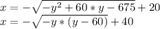 x=- \sqrt{-y^2+60*y-675}+20 \\
 x=-\sqrt{-y*(y-60)}+40