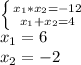 \left \{ {{x_{1}*x_{2}=-12} \atop {x_{1}+x_{2}=4}} \right. 
\\ x_{1}=6 \\ 
x_{2}=-2